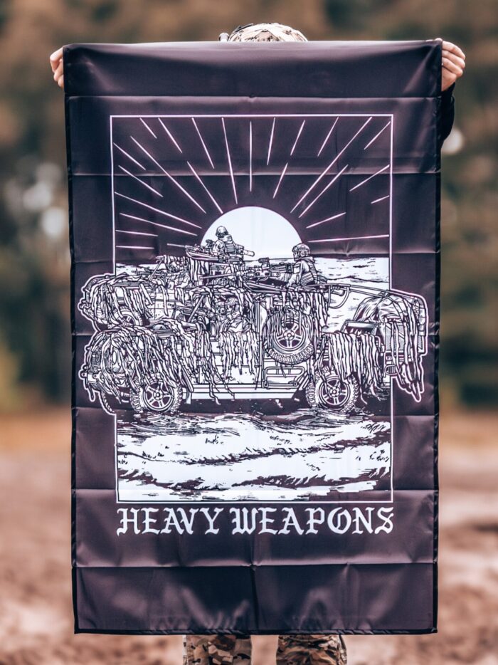 Flag featuring design of a heavy weapons platoon with two vehicles and a mounted .50 caliber gun