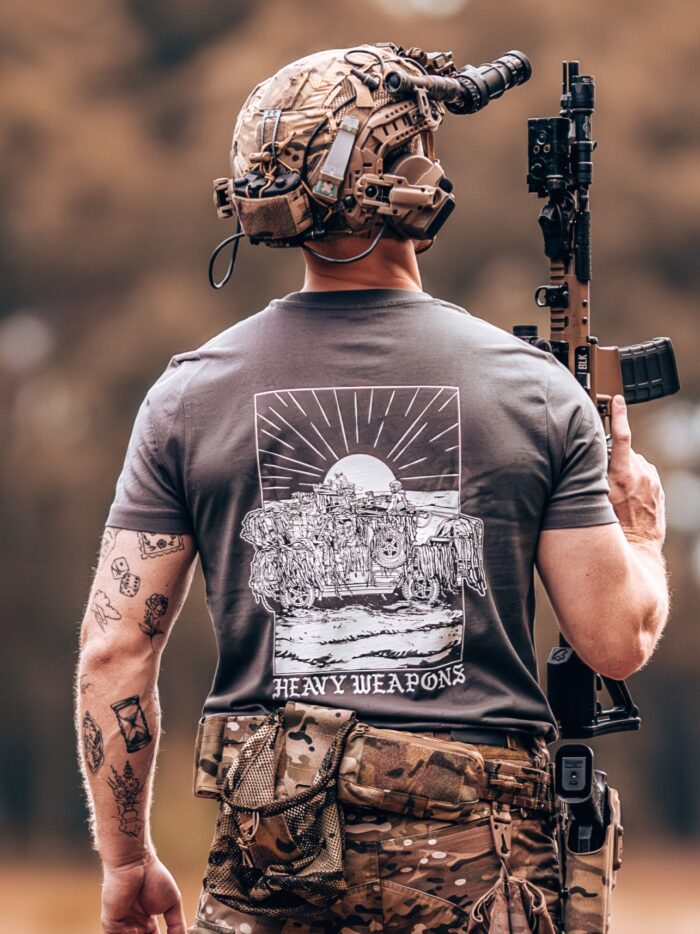 tshirt featuring design of a heavy weapons platoon with two vehicles and a mounted .50 caliber gun