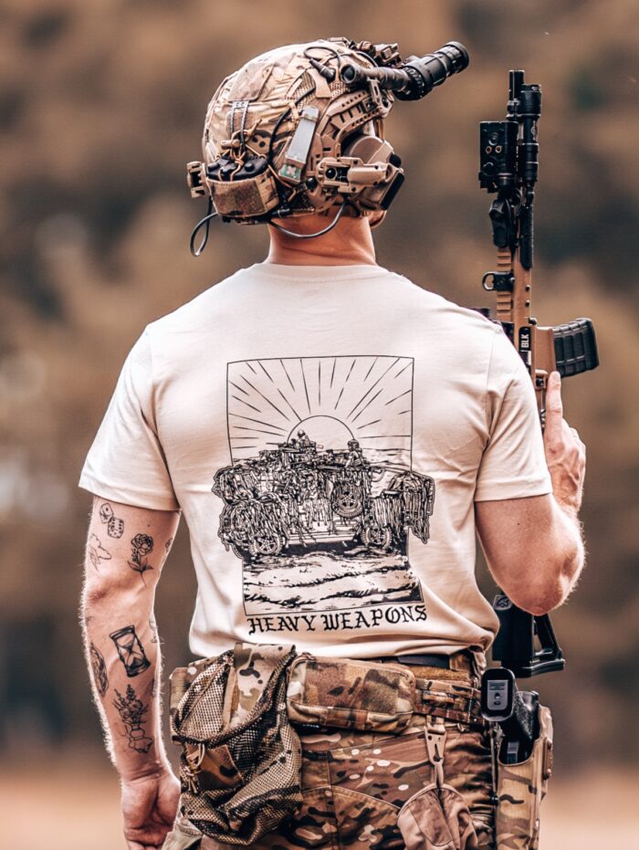 tshirt featuring design of a heavy weapons platoon with two vehicles and a mounted .50 caliber gun