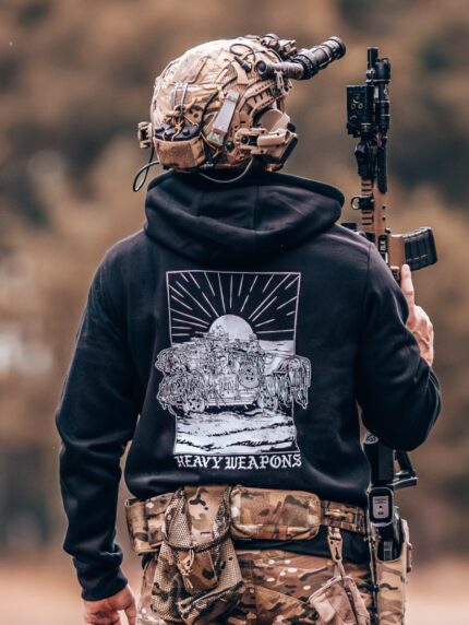 hoodie featuring design of a heavy weapons platoon with two vehicles and a mounted .50 caliber gun