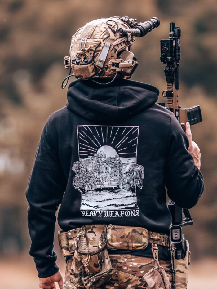 hoodie featuring design of a heavy weapons platoon with two vehicles and a mounted .50 caliber gun