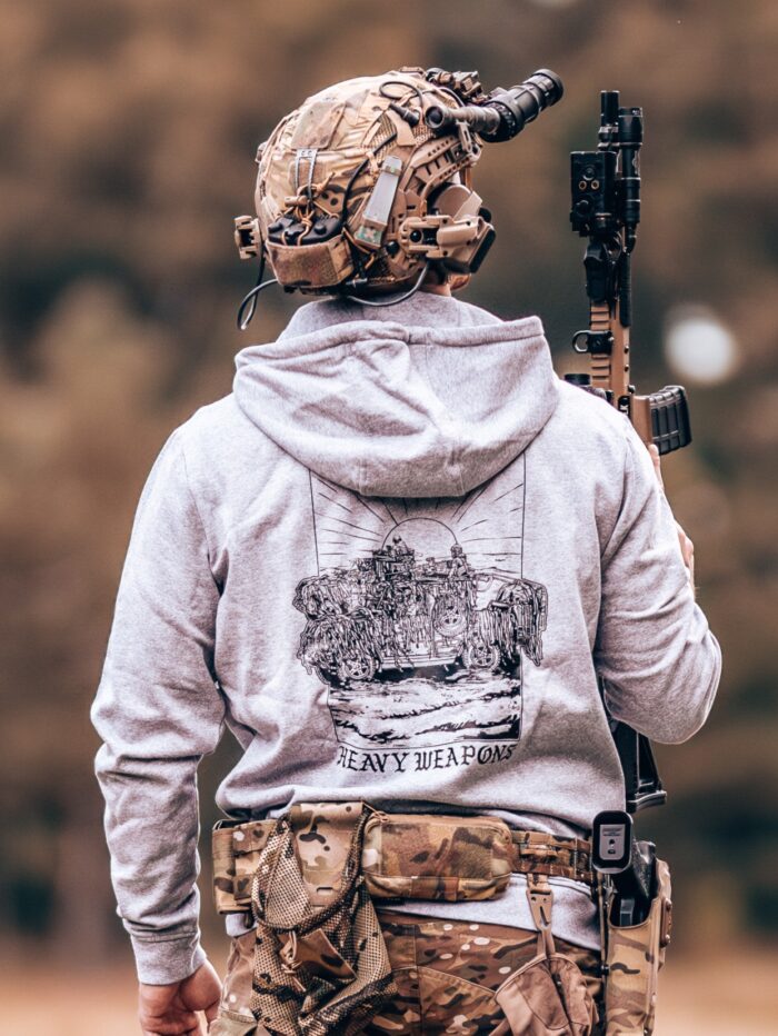 hoodie featuring design of a heavy weapons platoon with two vehicles and a mounted .50 caliber gun