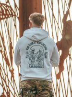 Hoodie featuring World War II design of two soldiers standing before a parachute jump