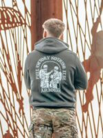 Hoodie featuring World War II design of two soldiers standing before a parachute jump