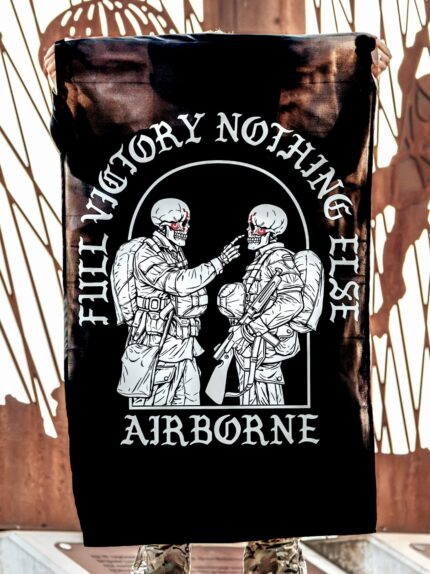flag featuring World War II design of two soldiers standing before a parachute jump