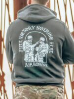 Hoodie featuring World War II design of two soldiers standing before a parachute jump