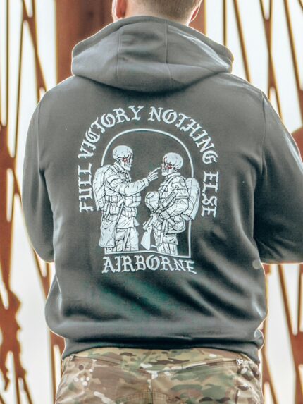 Hoodie featuring World War II design of two soldiers standing before a parachute jump