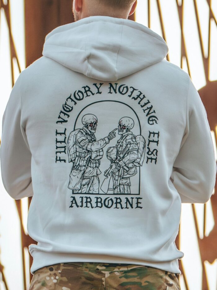 Hoodie featuring World War II design of two soldiers standing before a parachute jump
