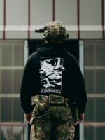 Black military hoodie with a sharp F-35 and F-16 fighter jet graphic, designed for a bold airforce look