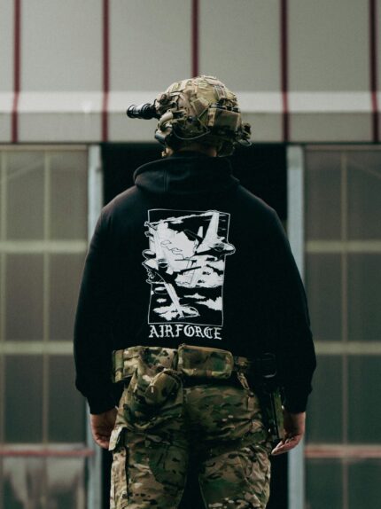 Black military hoodie with a sharp F-35 and F-16 fighter jet graphic, designed for a bold airforce look