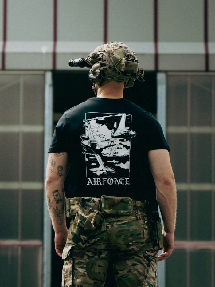 Lightweight t-shirt featuring an F-16 and F-35 in flight, paying tribute to speed, precision, and power
