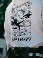 Black military hoodie with a sharp F-35 and F-16 fighter jet graphic, designed for a bold airforce look