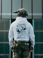 Black military hoodie with a sharp F-35 and F-16 fighter jet graphic, designed for a bold airforce look