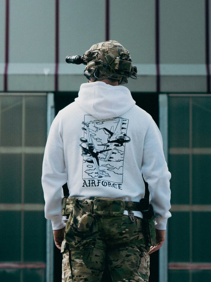 Black military hoodie with a sharp F-35 and F-16 fighter jet graphic, designed for a bold airforce look