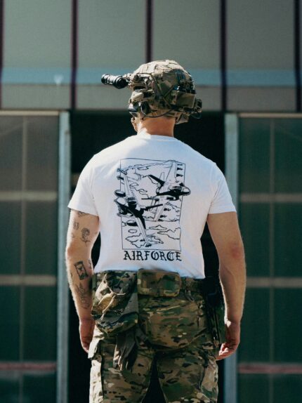 Lightweight t-shirt featuring an F-16 and F-35 in flight, paying tribute to speed, precision, and power