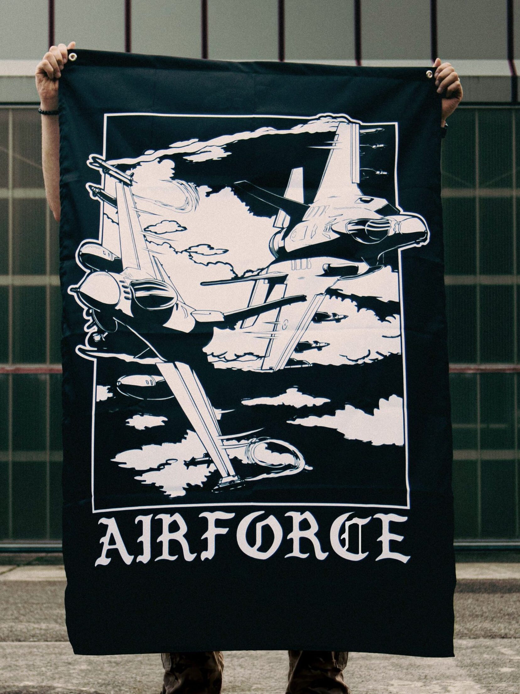 Large fabric flag with a detailed F-35 and F-16 soaring above the clouds, made to display strength
