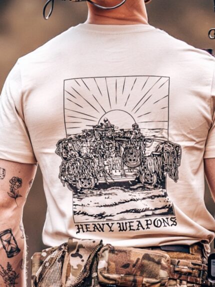Tshirt featuring design of a heavy weapons platoon with two vehicles and a mounted .50 caliber gun
