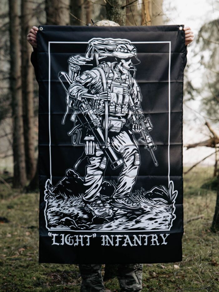 flag from The Trace depicting Light Infantry design with a soldier standing with a heavy backpack