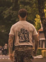 sand T-shirt from The Trace featuring design of two soldiers marching in the Nijmegen Four Days Marches