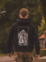 black hoodie from The Trace featuring design of two soldiers marching in the Nijmegen Four Days Marches