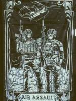 the trace apparel collection featuring 2 air assault operators standing in front of a chinook