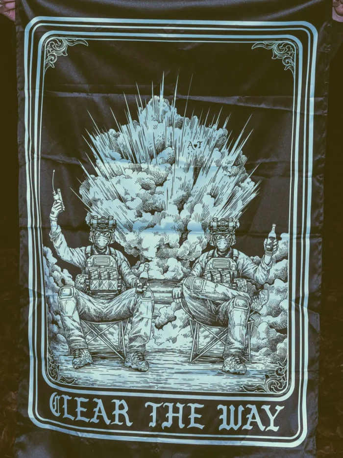 the trace apparel collection with 2 guys sitting in front of a explosing because they are part of the eod