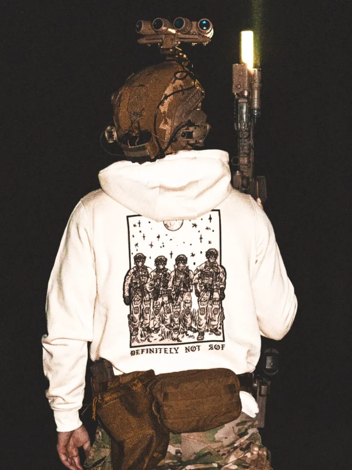 white hoodie from The Trace featuring a special operations force with a text saying definitely not sof
