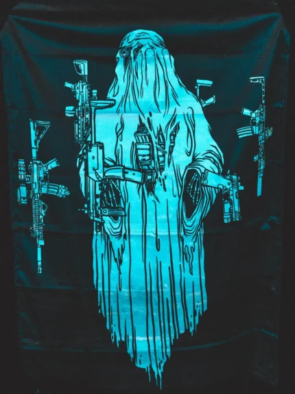 the trace halloween collection featuring a ghost with hovering weapons around him