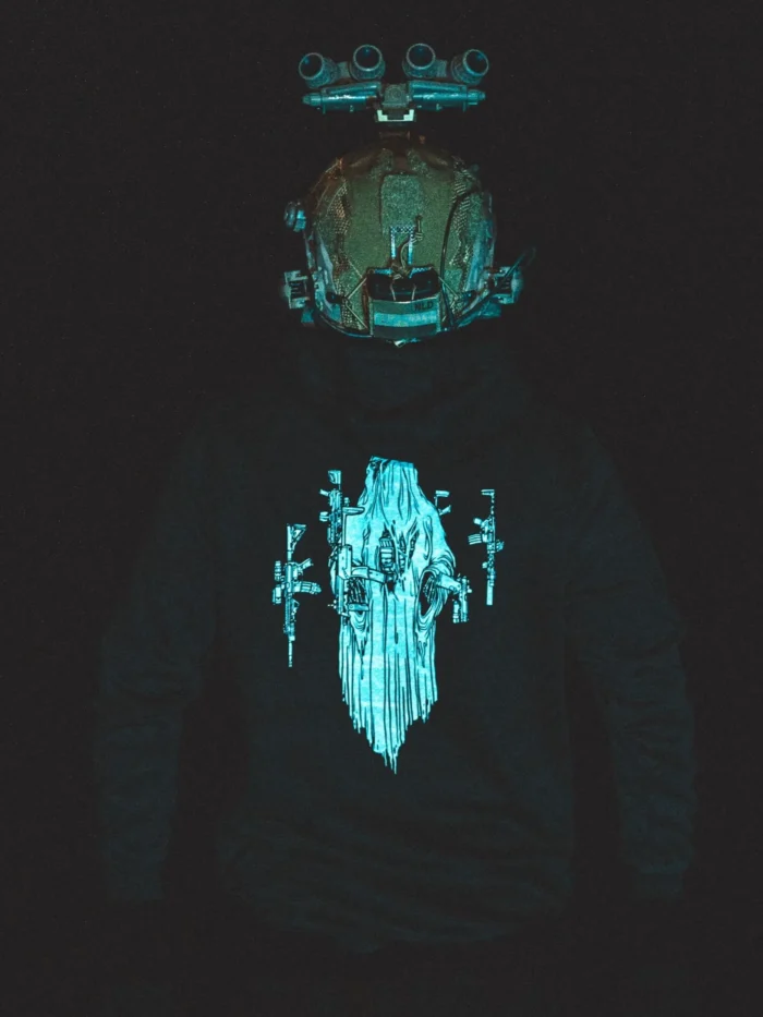 the trace halloween collection featuring a ghost with hovering weapons around him