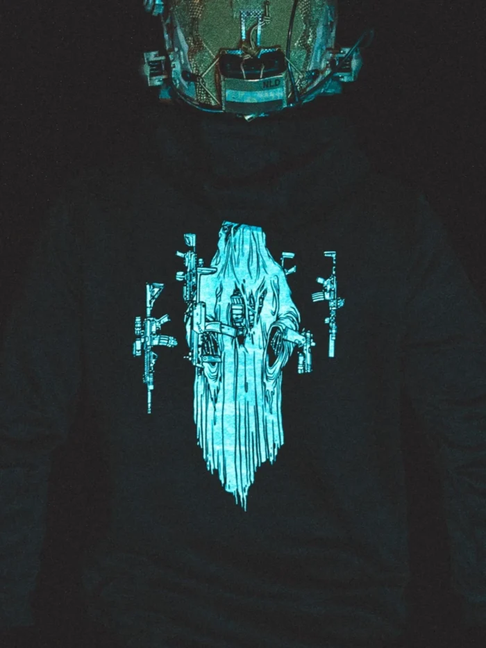 the trace halloween collection featuring a ghost with hovering weapons around him