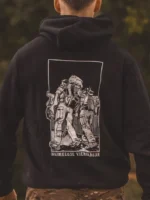 black hoodie from The Trace featuring design of two soldiers marching in the Nijmegen Four Days Marches