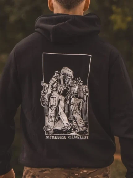 black hoodie from The Trace featuring design of two soldiers marching in the Nijmegen Four Days Marches