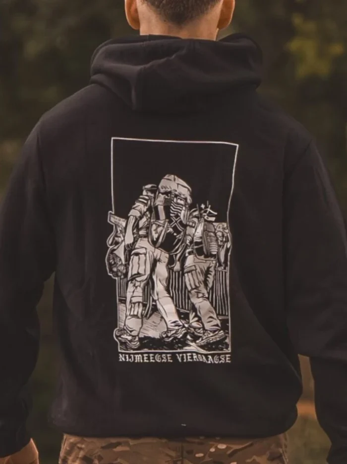 black hoodie from The Trace featuring design of two soldiers marching in the Nijmegen Four Days Marches
