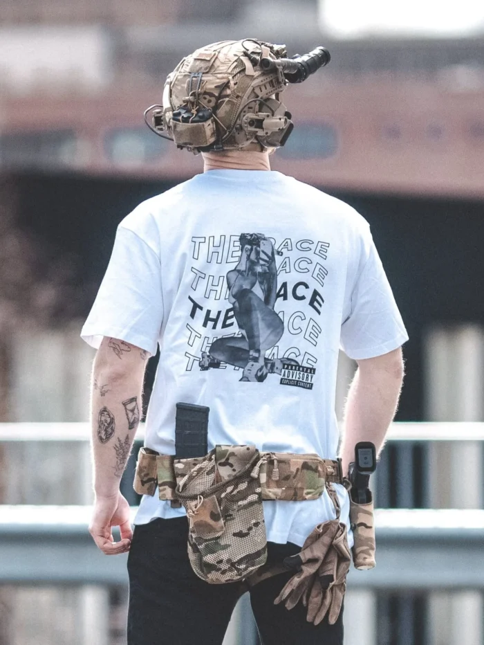 the trace apparel collection featuring one of their cool designs showcasing a woman with military helmet