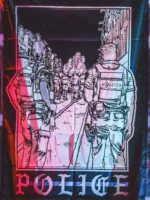 the trace apparel collection featuring two police cops standing in a street watching a riot