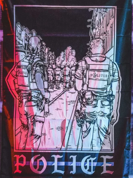 the trace apparel collection featuring two police cops standing in a street watching a riot