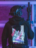 the trace apparel collection featuring two police cops standing in a street watching a riot