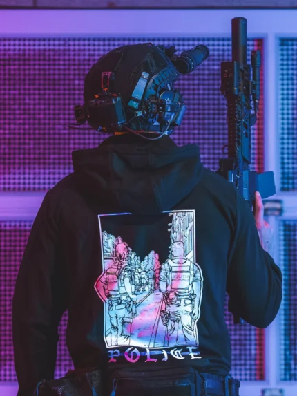 the trace apparel collection featuring two police cops standing in a street watching a riot