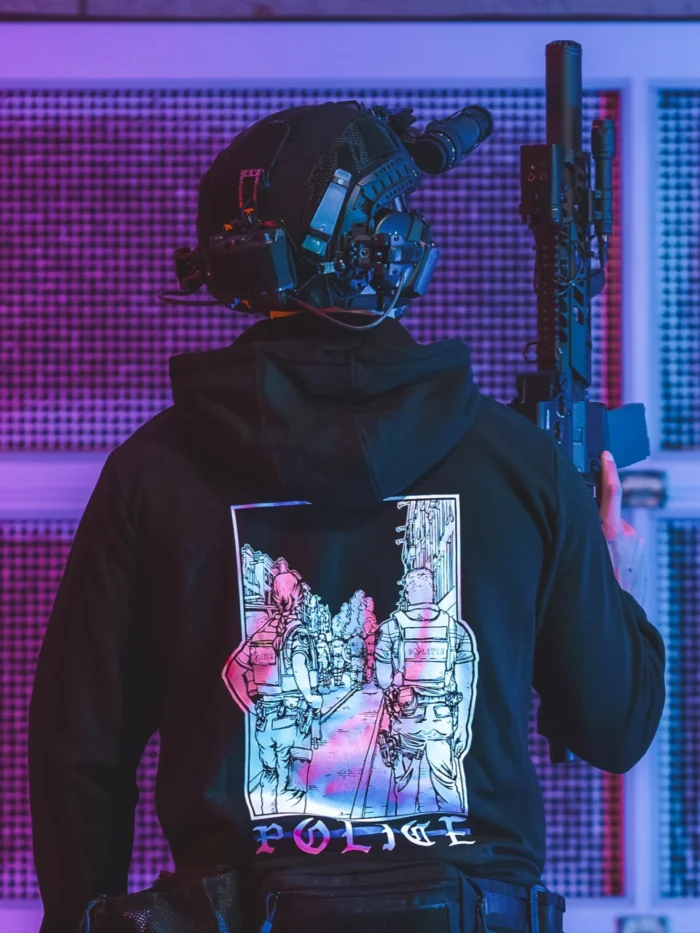 the trace apparel collection featuring two police cops standing in a street watching a riot