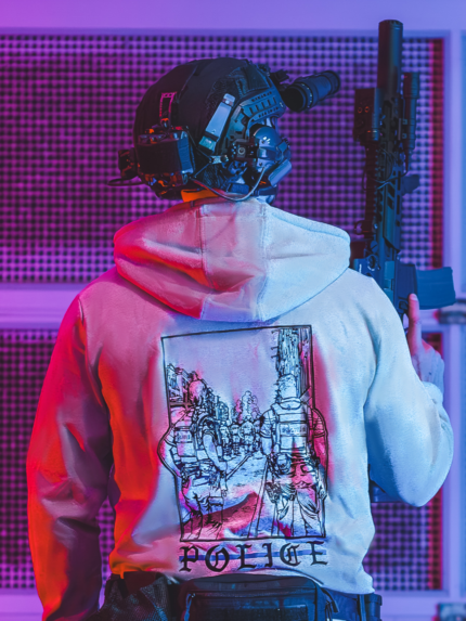 the trace apparel collection featuring two police cops standing in a street watching a riot