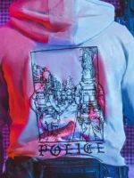 the trace apparel collection featuring two police cops standing in a street watching a riot
