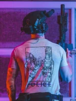 the trace apparel collection featuring two police cops standing in a street watching a riot