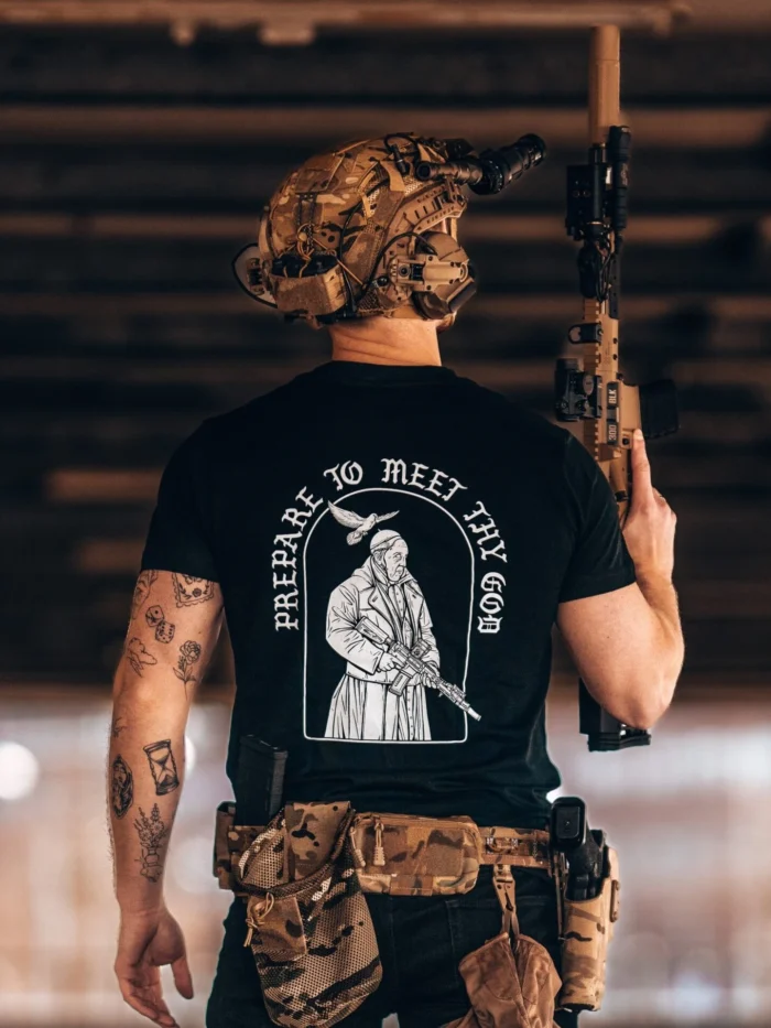 the trace apparel collection featuring the pope with a weapon saying prepare to meet thy god
