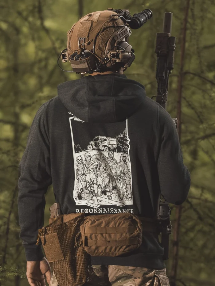 the trace apparel collection featuring a military reconnaissance group standing next to their equipment