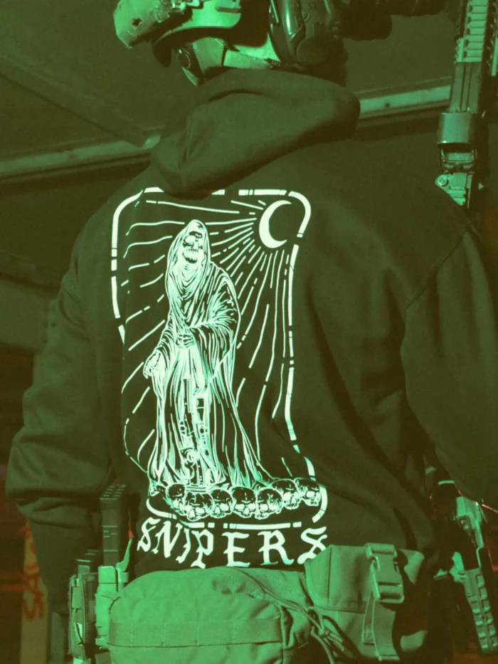 Sniper-themed military hoodie featuring a skeleton standing on skulls, armed with an Accuracy International Arctic Warfare Super Magnum.