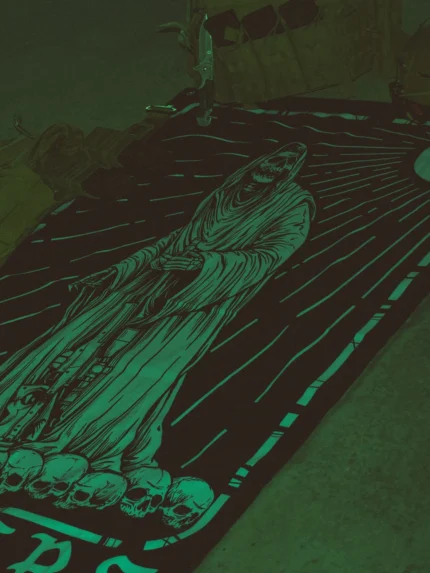 Combat flag displaying a sniper skeleton atop skulls, gripping an Arctic Warfare Super Magnum in a bold, battlefield stance.