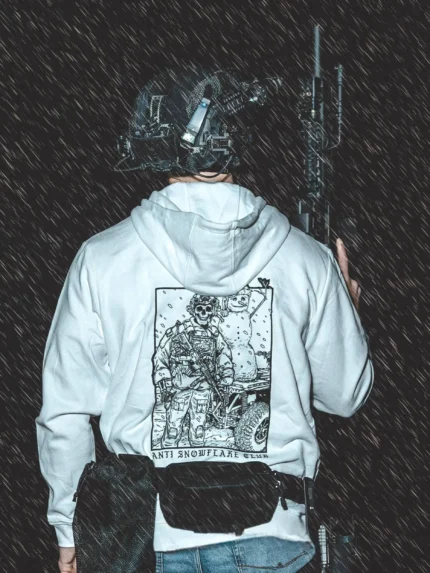 the trace apparel collection featuring a design with a military operator standing next to a snowman with a text saying anti snow flake club