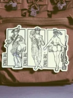 the trace apparel collection stickers featuring a woman holding a anti tank weapon machine gun and sniper