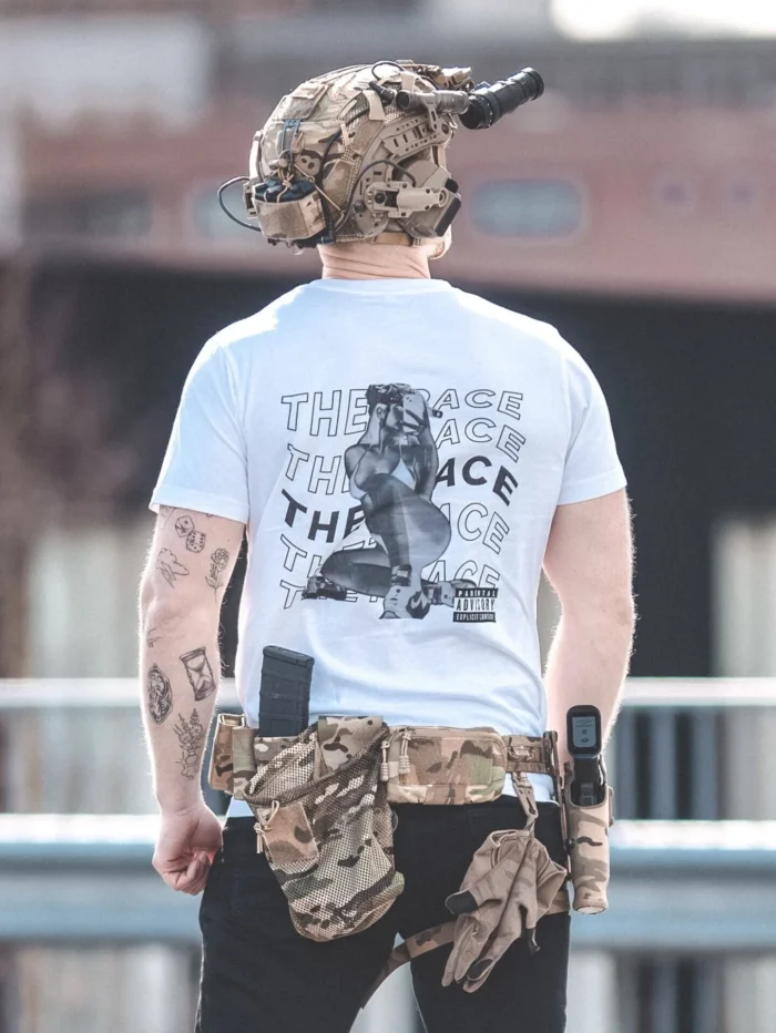 the trace apparel collection featuring one of their cool designs showcasing a woman with military helmet