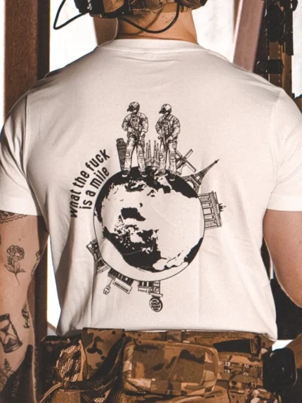 the trace apparel collection featuring 2 operators standing on europe and watching america saying wtf is a mile